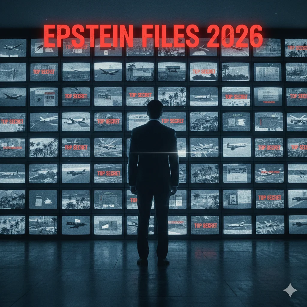 Dramatic news banner showing a mysterious silhouette in front of digital screens with the text Jeffrey Epstein Files 2026 Unseen Names Revealed."