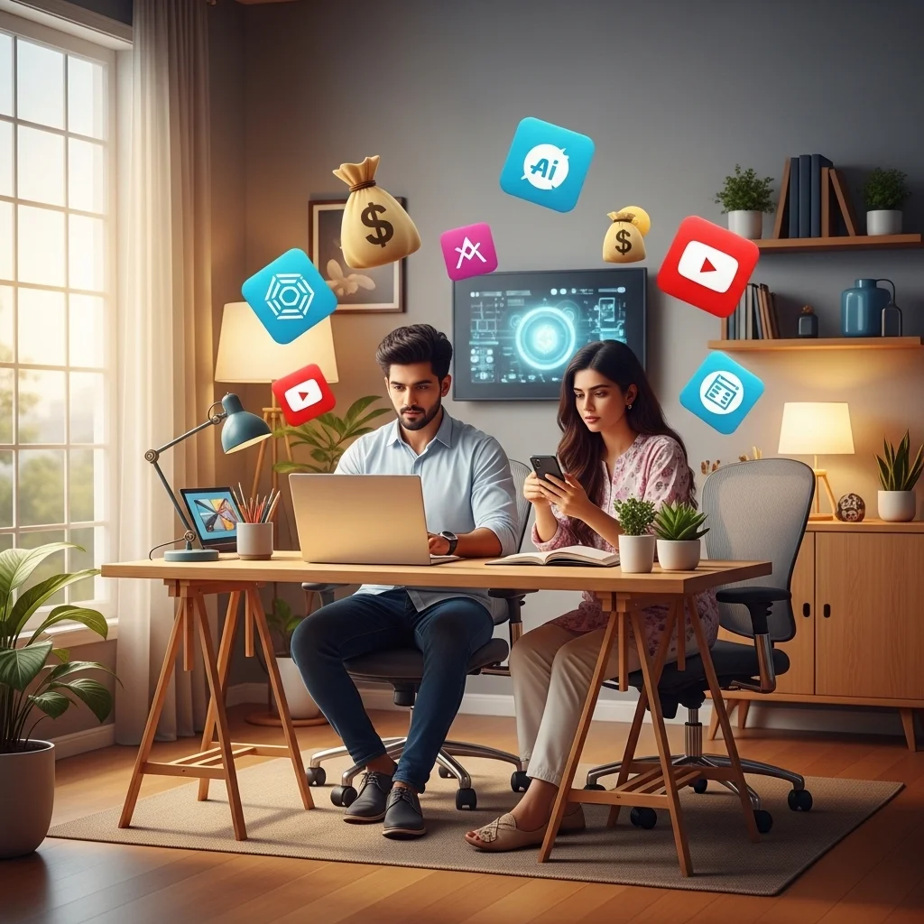 "Young Pakistani youth earning money online from home using laptop and smartphone with digital money and AI icons floating around"