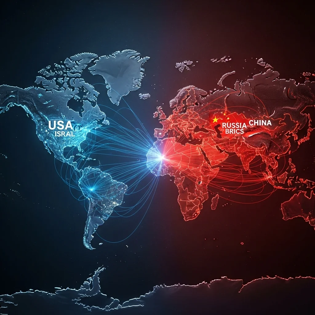 "World map showing Israel and USA with influence lines versus BRICS countries and key Muslim nations forming a strategic alliance, representing global power struggle in 2026."
