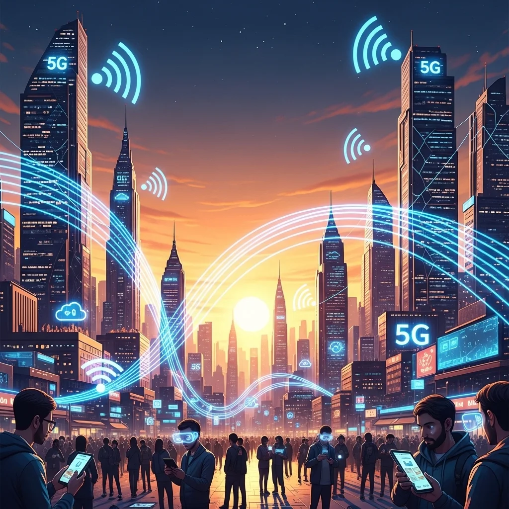 Futuristic Pakistan city with 5G network signals and people using smartphones, highlighting 5G technology launch