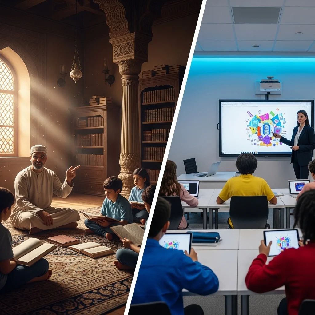 Ancient vs modern education system comparison showing traditional classroom and modern digital education
