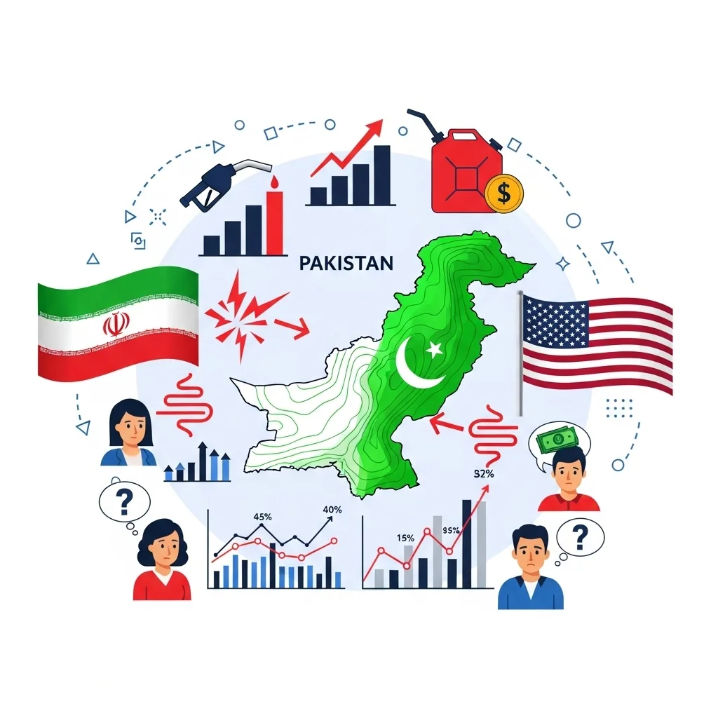 "Illustration showing Pakistan affected by rising tensions between Iran and USA, highlighting economic and fuel price impact on citizens"