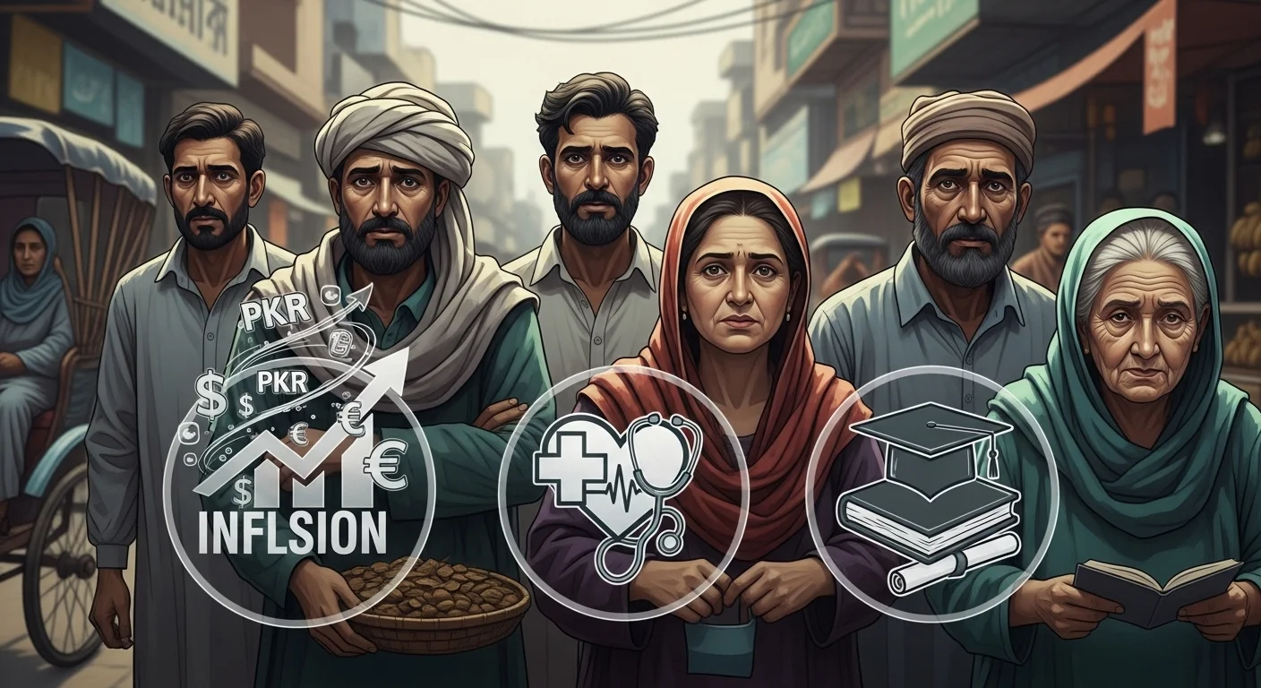 Pakistani citizens facing social challenges, including healthcare, education, and rising costs