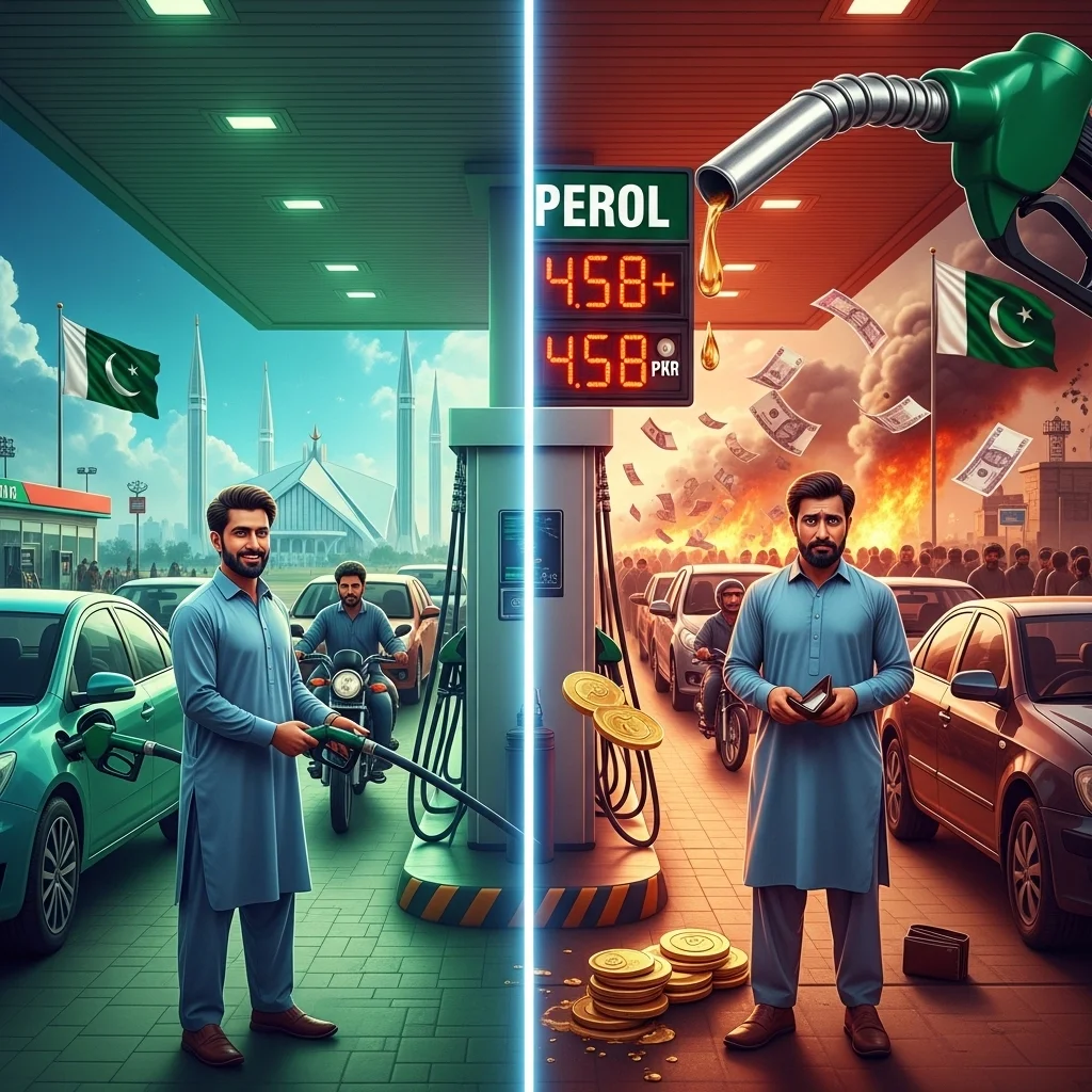“Pakistani citizens frustrated at rising petrol prices, cinematic view of fuel queues and increasing price boards, global oil price trends overlay, impact on daily life and inflation, trending petrol price news Pakistan 2026, viral attention-grabbing blog image”